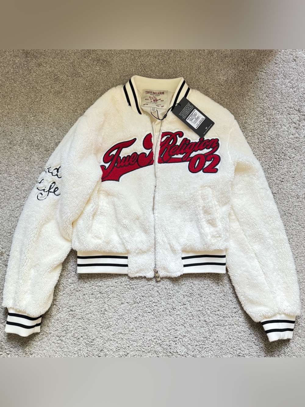 NWT True Religion Women's Varsity Chenille Bomber Jacket Winter White Size XS